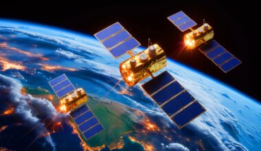 Illustration of China's Three-Body Computing Constellation satellites performing data processing in space, generated by artificial intelligence.