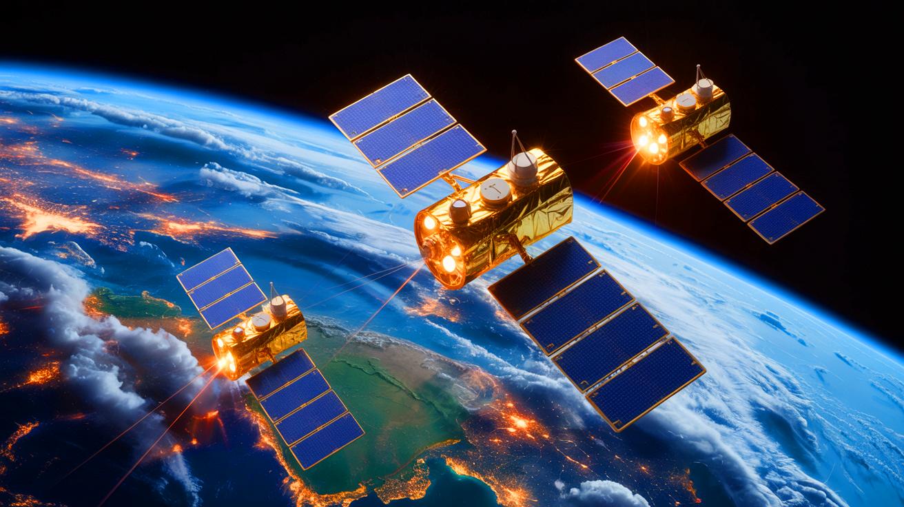 Illustration of China's Three-Body Computing Constellation satellites performing data processing in space, generated by artificial intelligence.