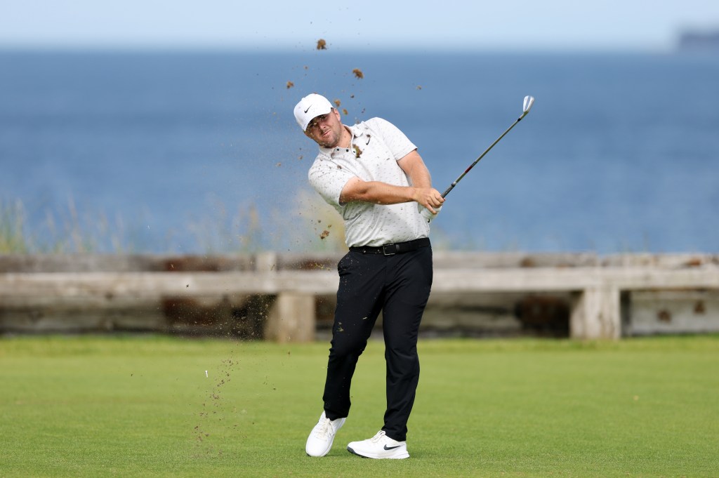 Golfer teeing off on a golf course. Chris Gotterup of the United States tees off on the sixth hole during Day Three of The 153rd Open Championship at Royal Portrush Golf Club on July 19, 2025 in Portrush, Northern Ireland.