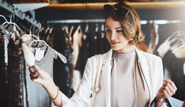 woman clothes shopping, checking tag