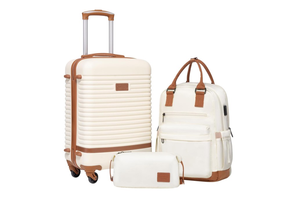 Ivory luggage set with suitcase, backpack, and dopp kit