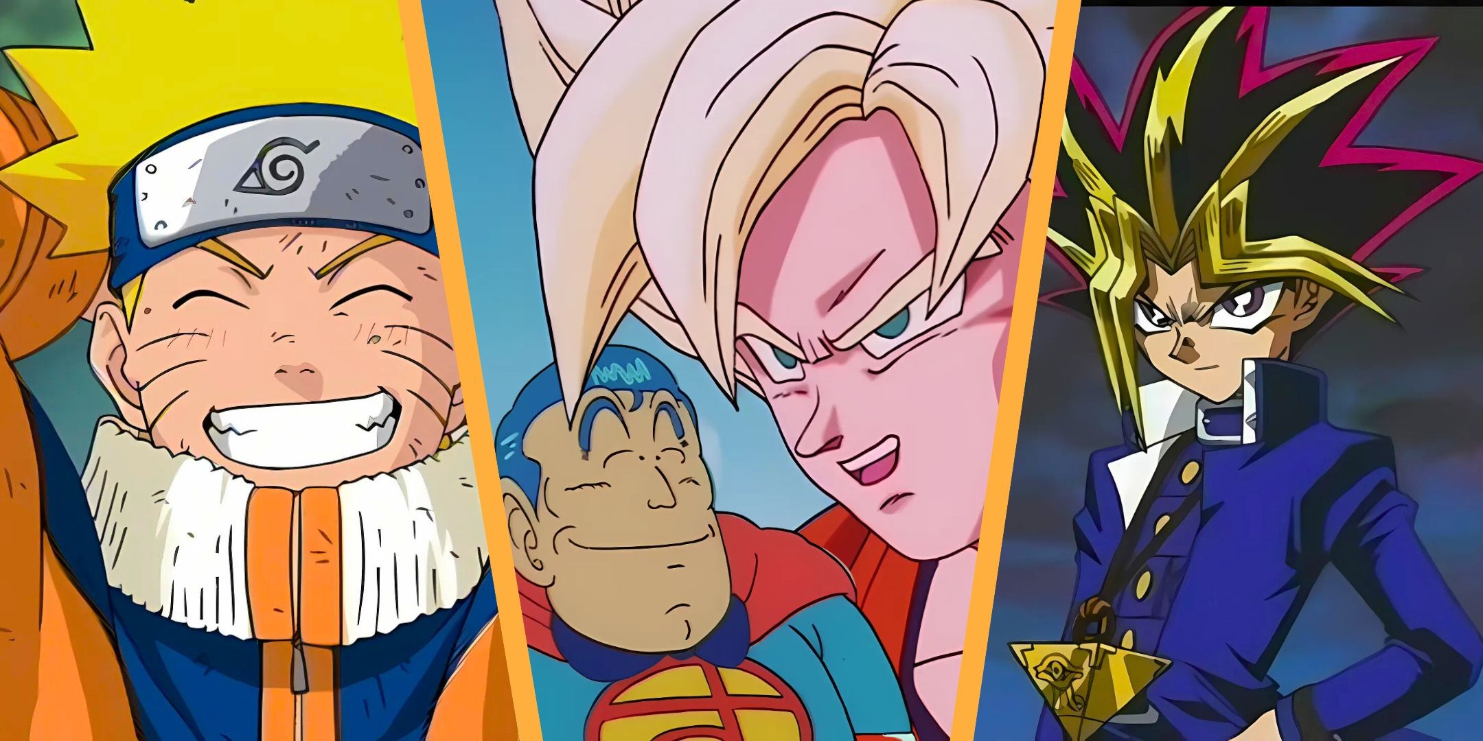Naruto, Dragon Ball's Super Saiyan Goku and Suppaman, and Yami from Yu-Gi-Oh anime collage