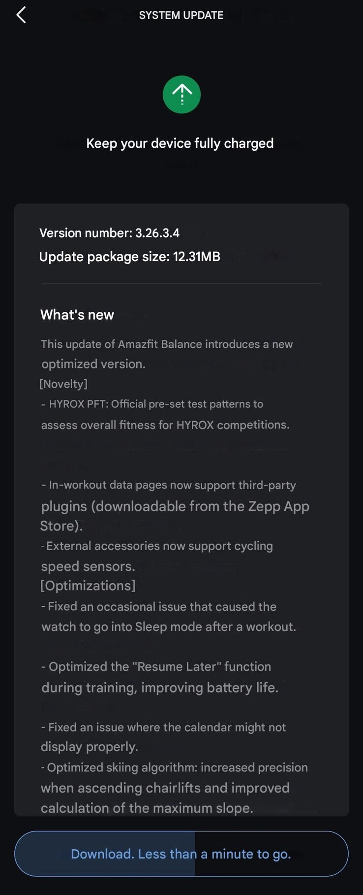 The release notes for version 3.26.3.4 for the Amazfit Balance smartwatch. (Image source: u/SensitiveClock3479 via Reddit, machine translated)