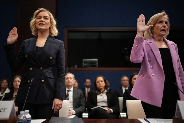 President and CEO of National Public Radio Katherine Maher, left, and President and CEO of Public Broadcasting Service Paula Kerger are sworn in before a House Oversight and Government Reform Committee hearing at the U.S. Capitol on March 26, 2025, in Washington, D.C. (Andrew Harnik/Getty)