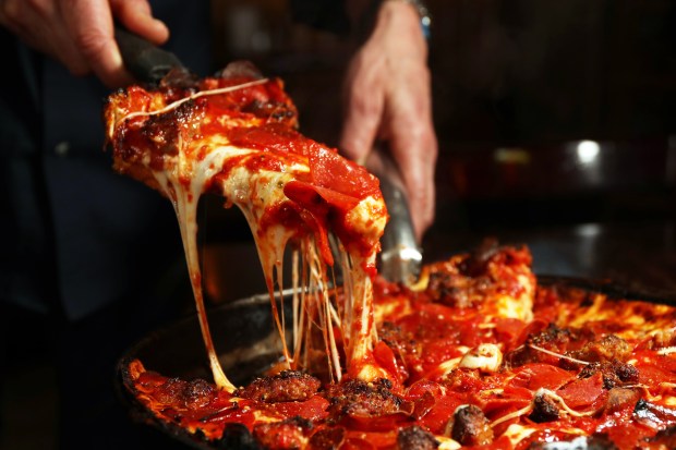 The pepperoni and sausage pizza at Pequod's. (Terrence Antonio James/Chicago Tribune)