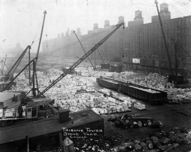 The stone yard for the construction of the Tribune Tower was near Navy Pier in downtown Chicago, circa 1924. (Chicago Tribune historical photo) 