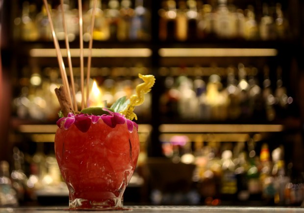 Zombie Punch, a popular multi-person drink at Three Dots and a Dash, in Chicago. (Jessica Tezak/Chicago Tribune)