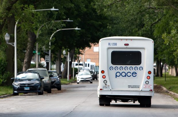 A Pace paratransit bus makes a return trip on June 26, 2025, in Chicago. (Hailey Hoffman/for the Chicago Tribune)