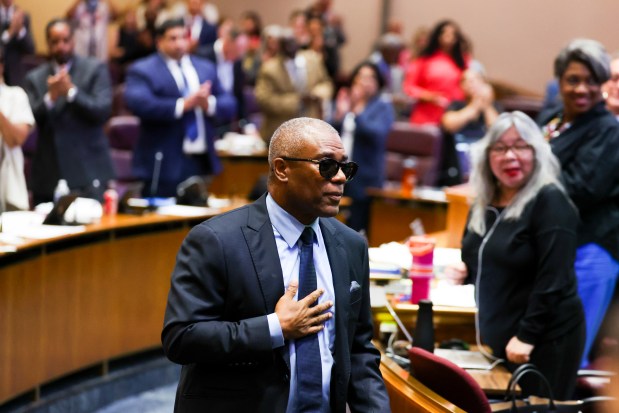 Aldermen and city staff clap for Ald. Walter Burnett, Jr., 27th, during a Chicago City Council meeting at City Hall on July 16, 2025. Burnett is stepping down from City Council at the end of this month. (Eileen T. Meslar/Chicago Tribune)