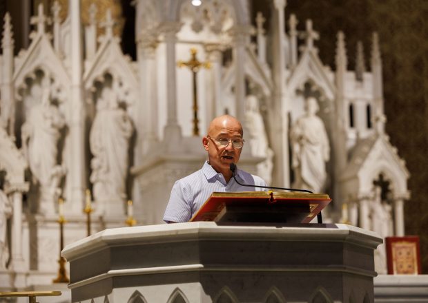 Rick Guasco speaks to attendees during an LGBTQ outreach mass at Our Lady of Mount Carmel Church on July 13, 2025, in Chicago. (Armando L. Sanchez/Chicago Tribune)