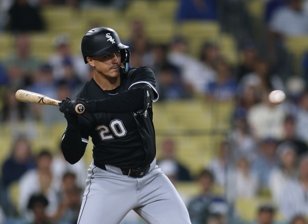 Miguel Vargas of the White Sox at bat against the Dodgers during the ninth inning Tuesday, July 1, 2025, in Los Angeles. (Harry How/Getty Images)