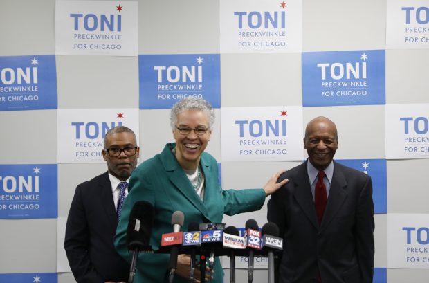 Mayoral candidate Toni Preckwinkle speaks at a press conference at her campaign headquarters in Chicago on March 6, 2019. Secretary of State Jesse White, right, and Ald. Walter Burnett Jr., 27th, left, endorsed her run for Chicago mayor. (José M. Osorio/Chicago Tribune)