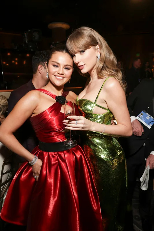Selena Gomez and Taylor Swift at the 81st Annual Golden Globe Awards, at the Beverly Hilton in Beverly Hills, California on Sunday, Jan. 7, 2024. (Todd Williamson/CBS via Getty Images)