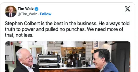 Two people sharing a laugh in a coffee shop. Text above praises Stephen Colbert for speaking truth to power