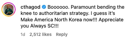 Comment criticizing Paramount for alleged authoritarian strategy, comparing it to North Korea. Expresses appreciation for someone referenced as SC