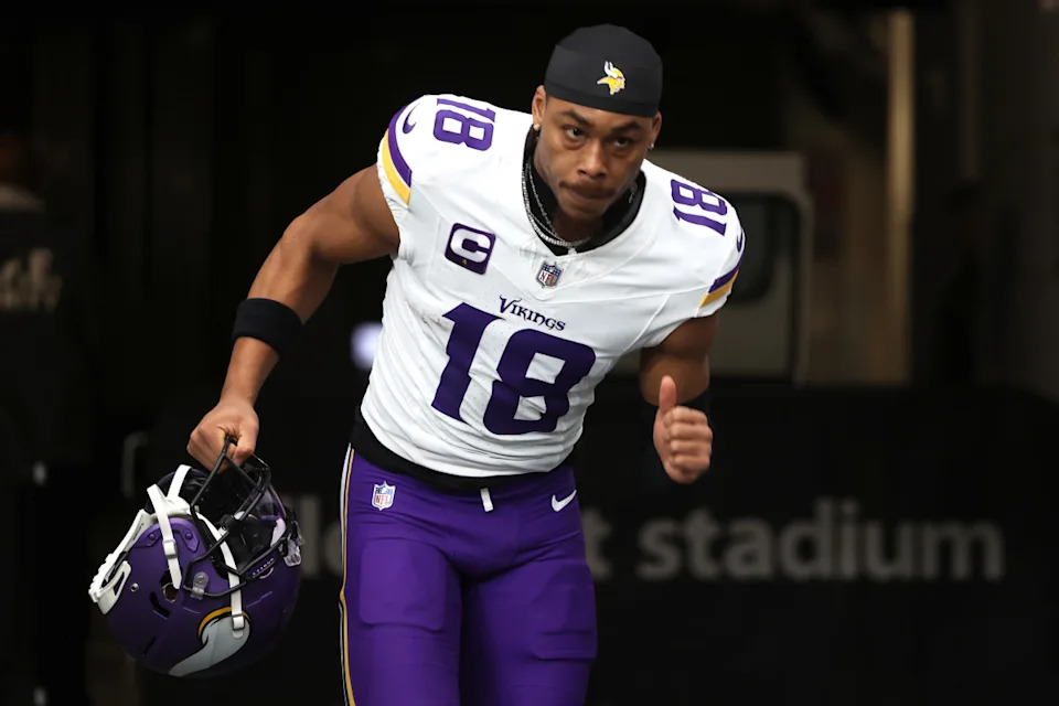 LAS VEGAS, NEVADA - DECEMBER 10: Justin Jefferson #18 of the Minnesota Vikings runs onto the field prior to the game against the Las Vegas Raiders at Allegiant Stadium on December 10, 2023 in Las Vegas, Nevada. (Photo by Ian Maule/Getty Images)Ian Maule&sol;Getty Images