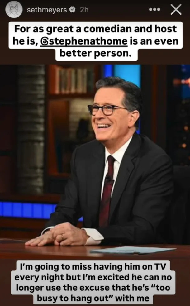 Stephen Colbert sits smiling on set. A message above praises him as a comedian and person; another below expresses missing him on TV