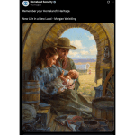 An image of a man and a woman in the Old West holding a baby from the inside of a covered wagon. Above reads a caption: "Remember Your Homeland's Heritage."