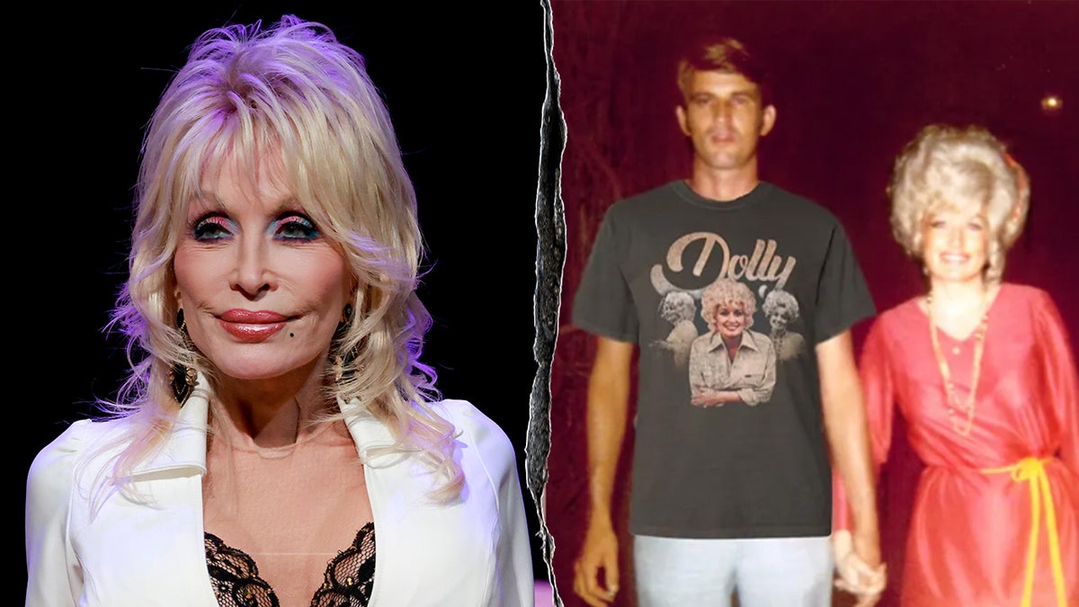 Split image of Dolly Parton wears a white suit jacket and Dolly Parton and Carl Dean pose in photo