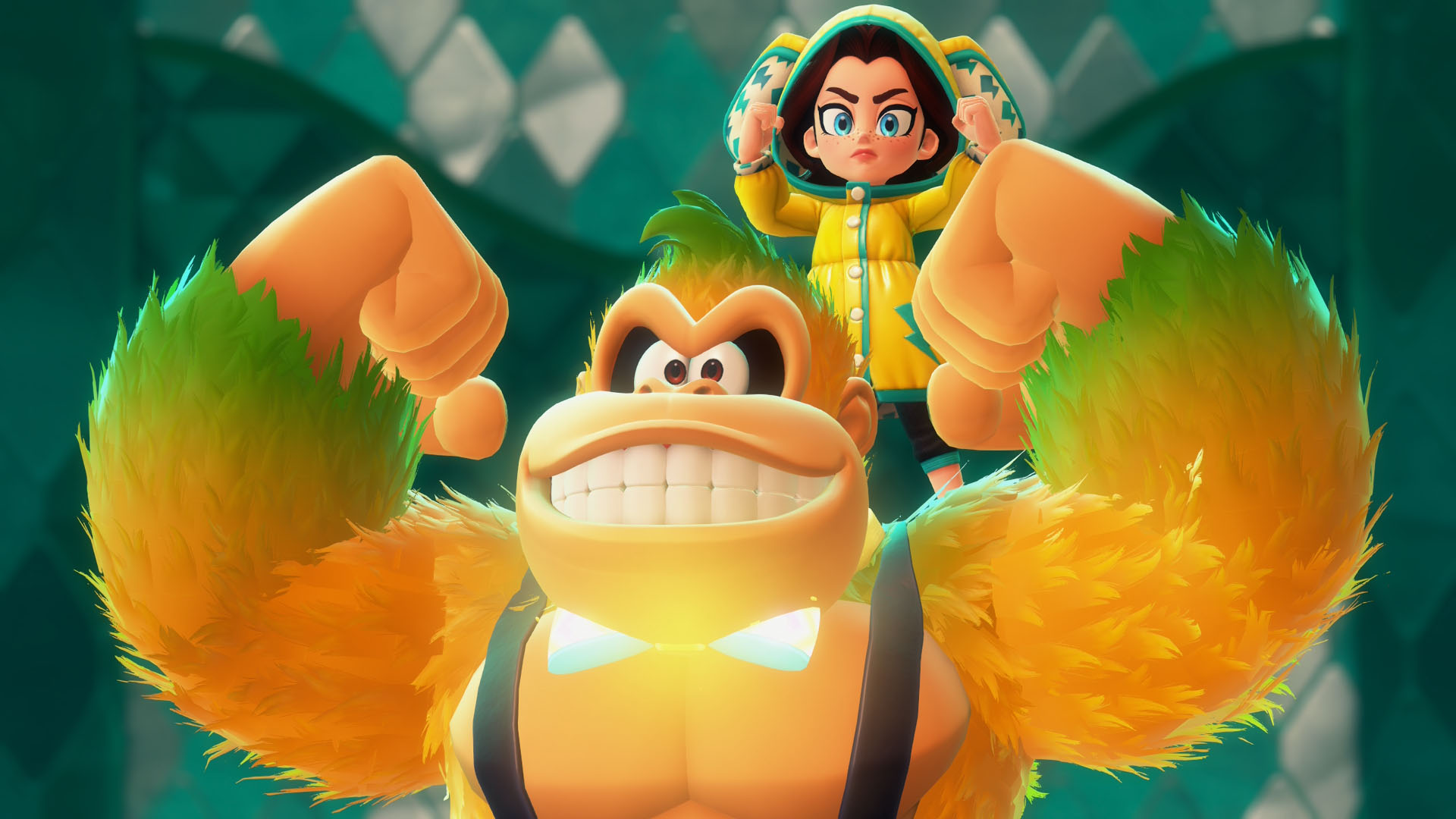 A Donkey Kong Bananza image showing DK and Pauline flexing their muscles