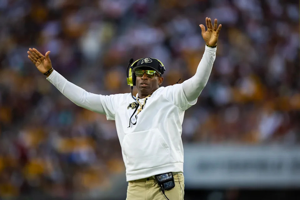 Colorado Buffaloes head coach Deion Sanders reacts against the Arizona State Sun DevilsMark J&period; Rebilas-Imagn Images