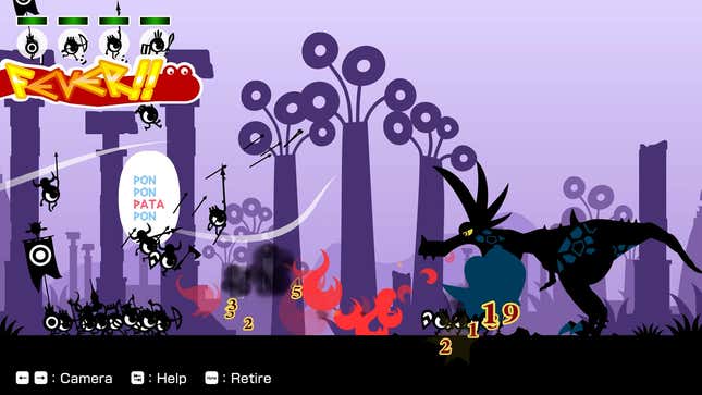 Small characters face off against a Dinosaur-like creature.