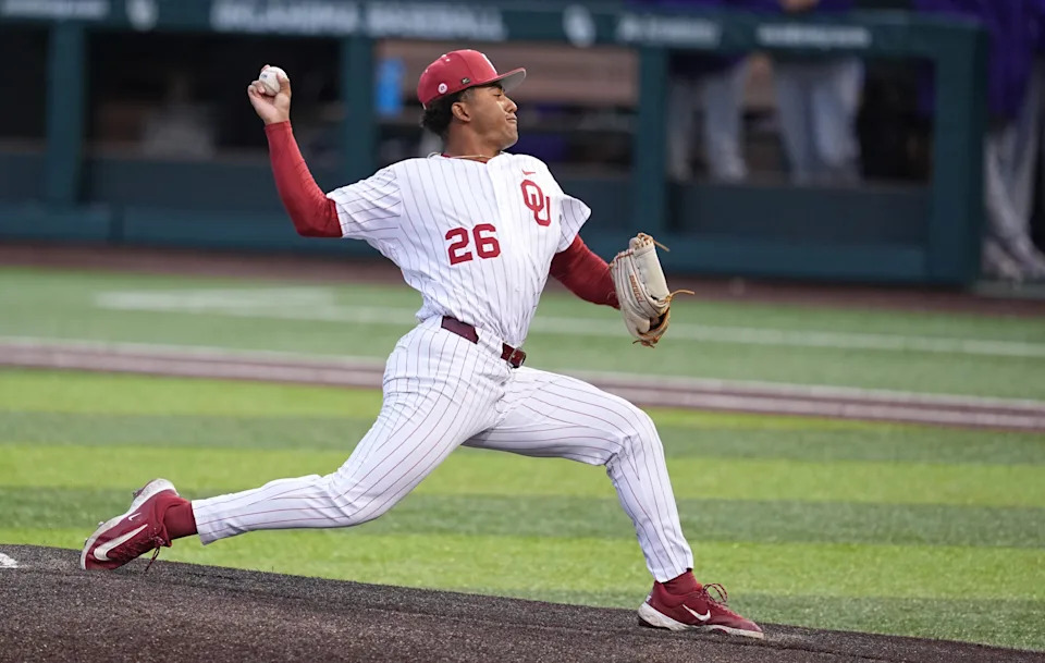 Kyson Witherspoon delivers a pitch during the 2025 season. The Red Sox selected the former Fletcher High and Oklahoma ace at No. 15.