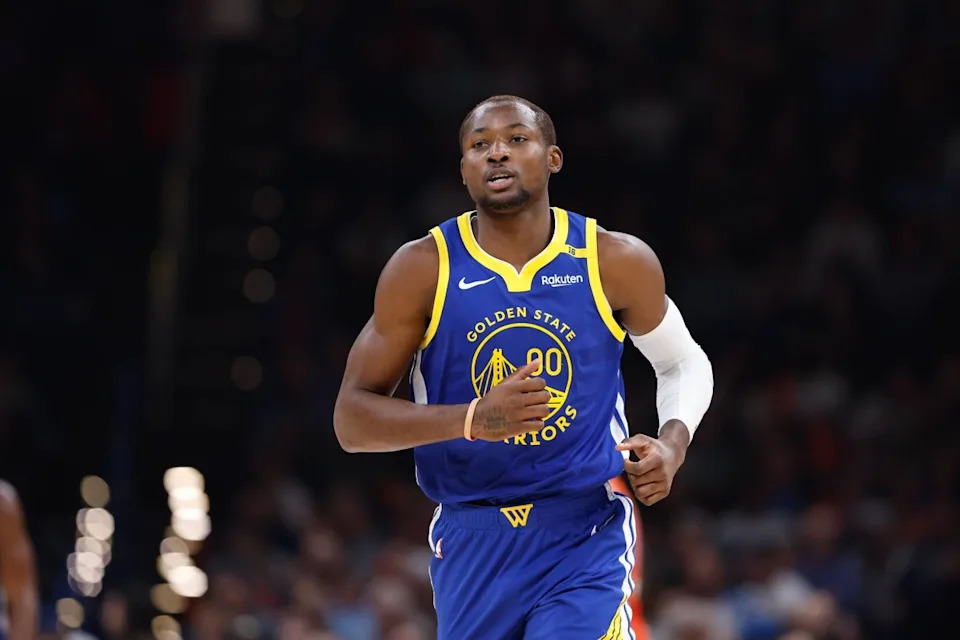 Nov 10, 2024; Oklahoma City, Oklahoma, USA; Golden State Warriors forward Jonathan Kuminga (00) runs down the court against the Oklahoma City Thunder during the second quarter at Paycom Center. Mandatory Credit: Alonzo Adams-Imagn ImagesMandatory Credit&colon; Alonzo Adams-Imagn Images