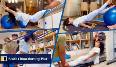 Sporty Chinese girl, 7, develops a passion for swimming and gets core strength training from dad