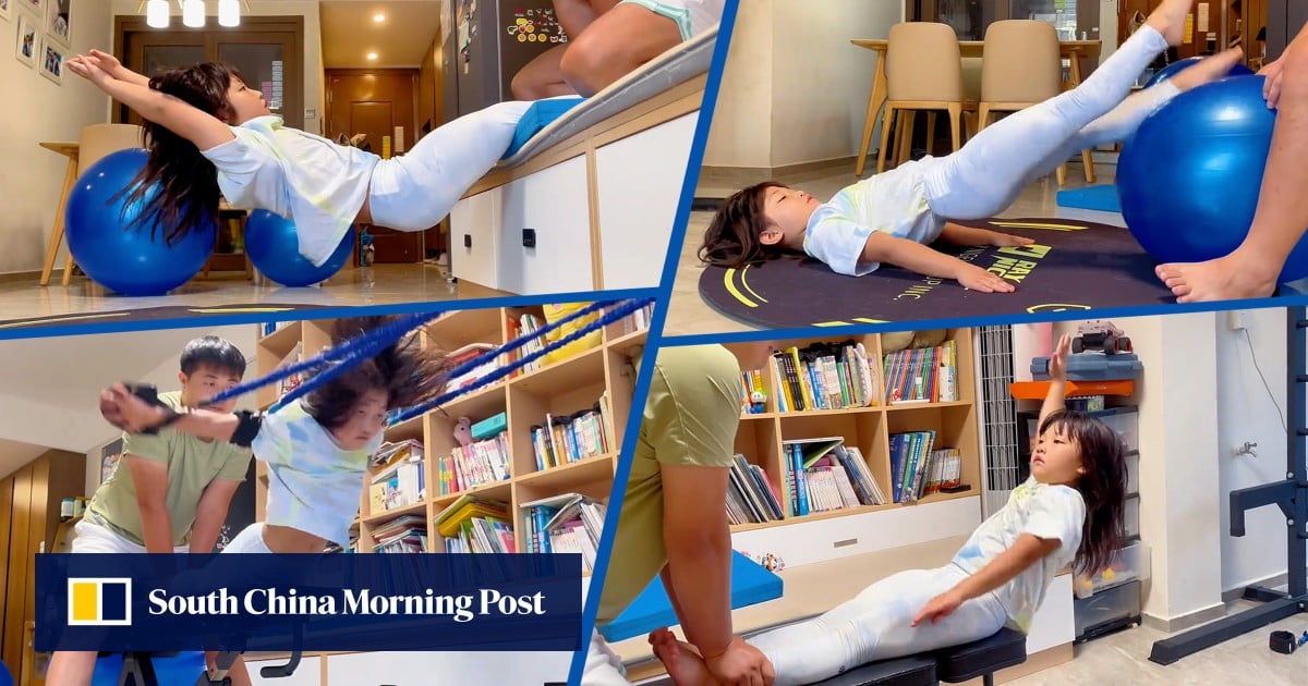 Sporty Chinese girl, 7, develops a passion for swimming and gets core strength training from dad