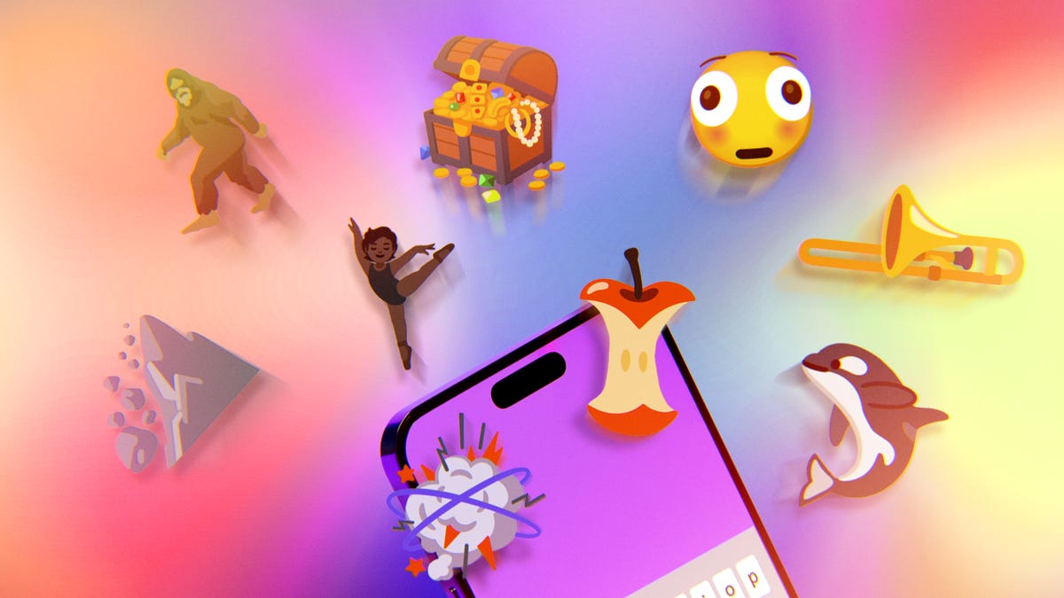 The new emoji coming to devices in Unicode 17.0, including a Sasquatch, landslide, treasure chest, apple core, trombone, orca, ballet dancer, a distorted face and a cartoon fight cloud.
