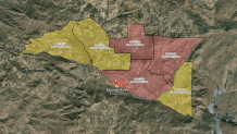 A map showing the areas under evacuation orders and warnings as of 8:45 p.m. on July 10, 2025.