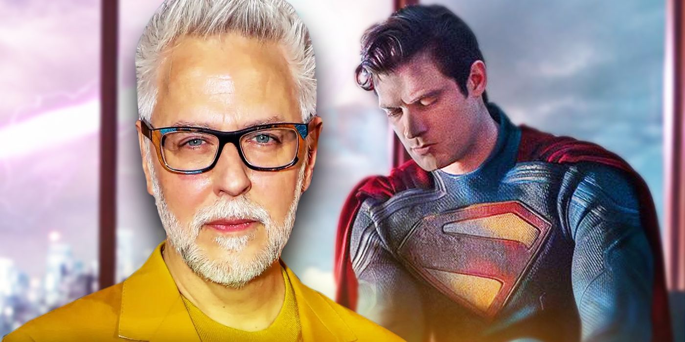 A composite image featuring DC Studios head James Gunn and David Corenswet's Superman.