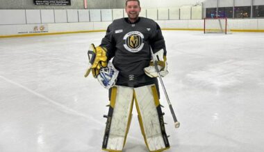 Evgeny Kuznetsov suits up as goaltender during offseason workouts while wearing Vegas Golden Knights jersey