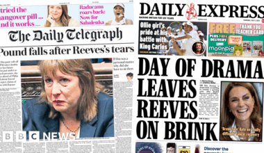 'Pound falls after Reeves tears' and 'Brave face' Kate