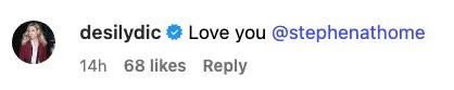A verified Instagram comment from desilydic says, "Love you @stephenathome."