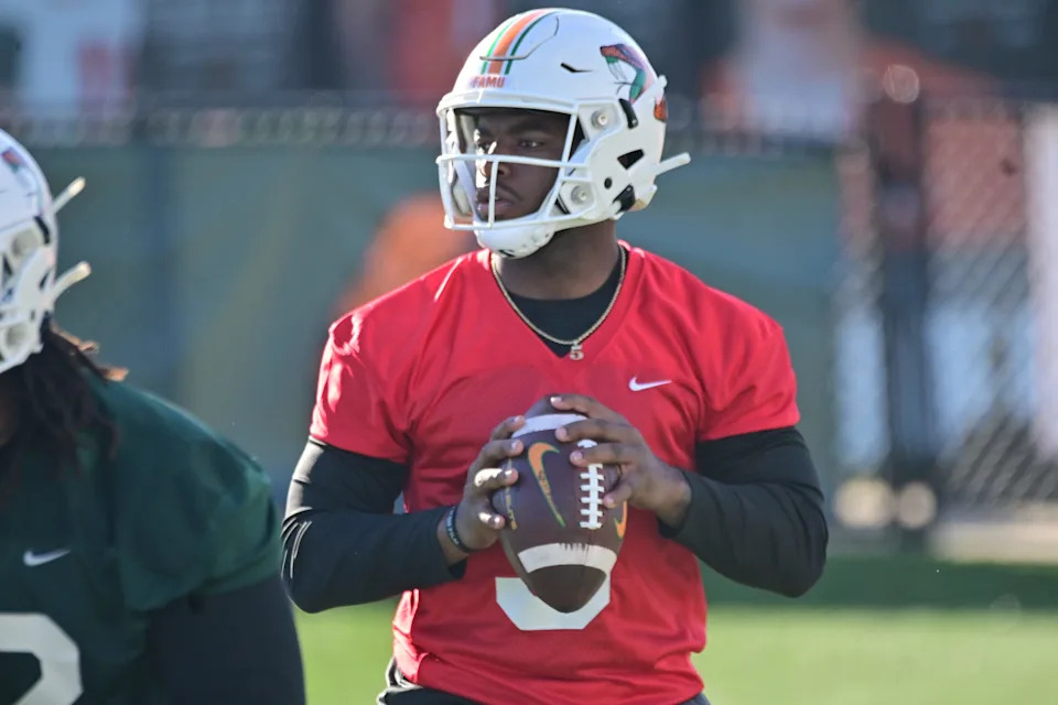 Florida A&M quarterback Tyler Jefferson makes a pass during the Rattlers' first spring football practice of 2025 on Ken Riley Field at Bragg Memorial Stadium in Tallahassee, Florida, Friday, March 7, 2025.