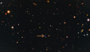 Marked with an orange arrow, the blue dot is the the fast X-ray transient EP 250108a, and the supernova that followed it. Using a combination of telescopes, astronomers found fast X-ray transients can result from the ‘failed’ explosive death of a massive star.