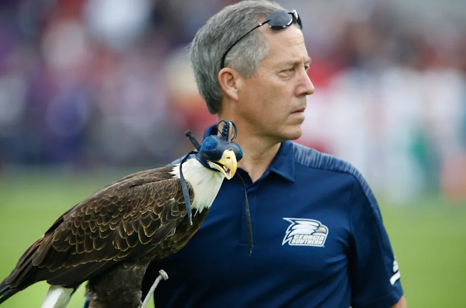 A bald eagle entertains the crowd.