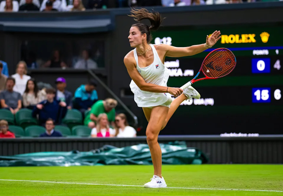 LONDON, ENGLAND - JULY 03: Emma Navarro of the United States in action against Naomi Osaka of Japan in the second round on Day Three of The Championships Wimbledon 2024 at All England Lawn Tennis and Croquet Club on July 03, 2024 in London, England (Photo by Robert Prange/Getty Images)Robert Prange&sol;Getty Images
