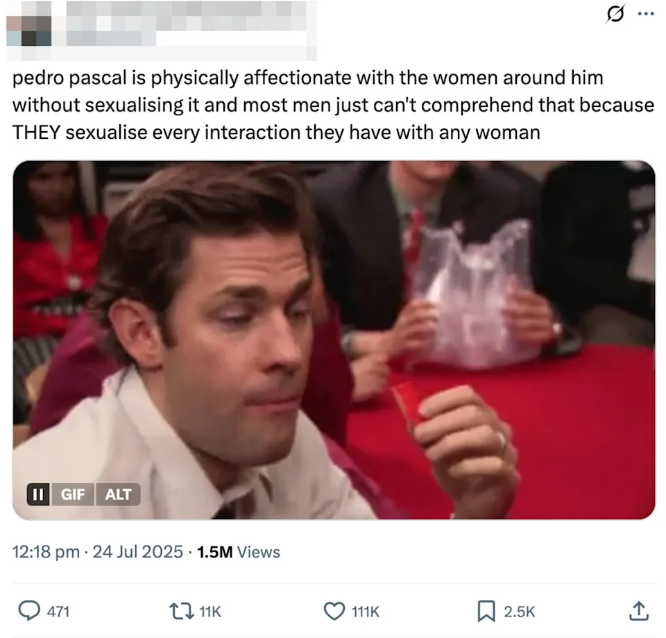 Person gesturing with hand near face. Tweet text discusses Pedro Pascal's non-sexual affection towards women, contrasting men's general perceptions
