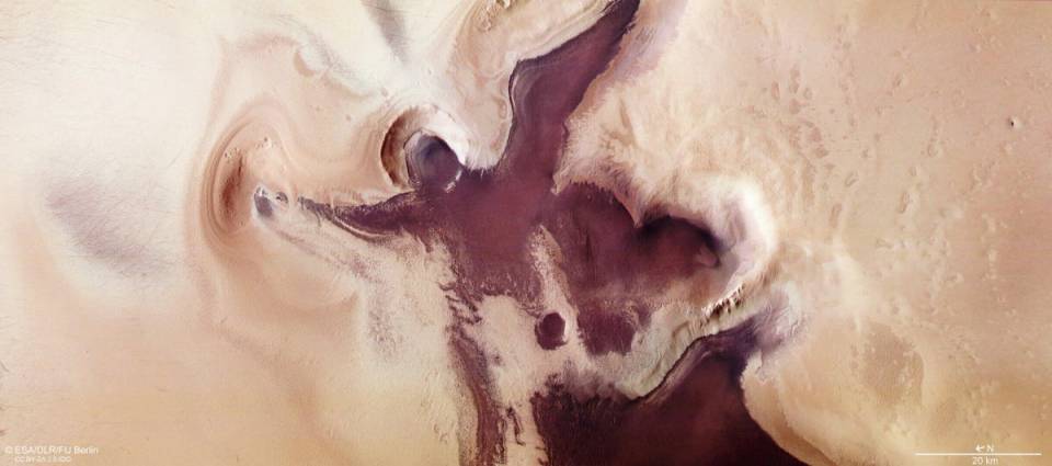 Satellite image of Martian south pole pillars.