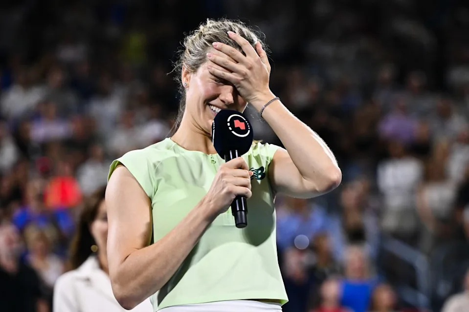 Eugenie Bouchard gets emotional during her retirement ceremony on July 30, 2025. Getty Images