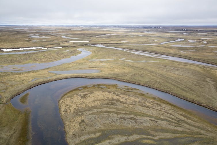 An aerial view across wetlands and tundra.