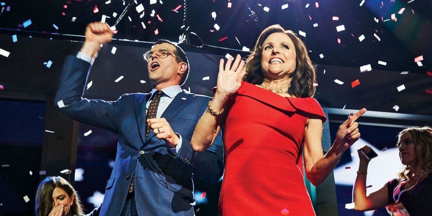 Jonah and Selina celebrating together after the election in the Veep series finale.