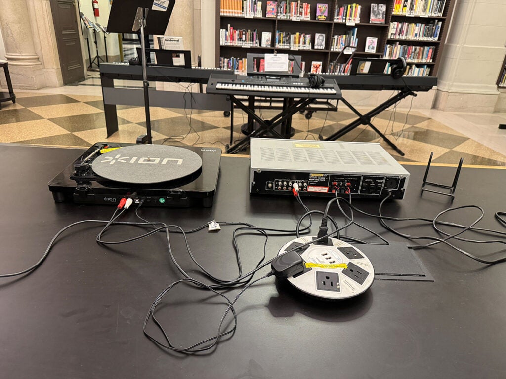 A vinyl record player sits on a table at the Free Library of Philadelphia