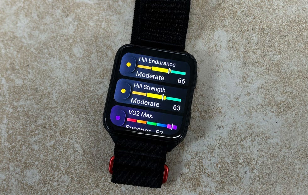 a smartwatch displaying hill scores