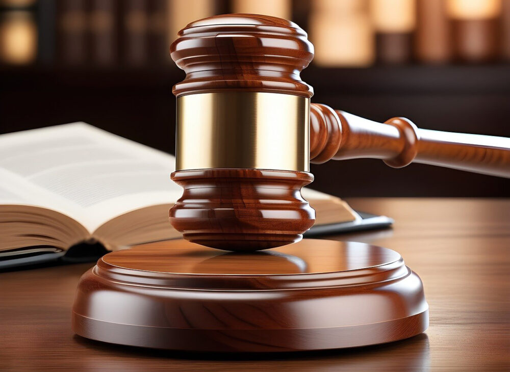 A gavel and legal textbook in a courtroom