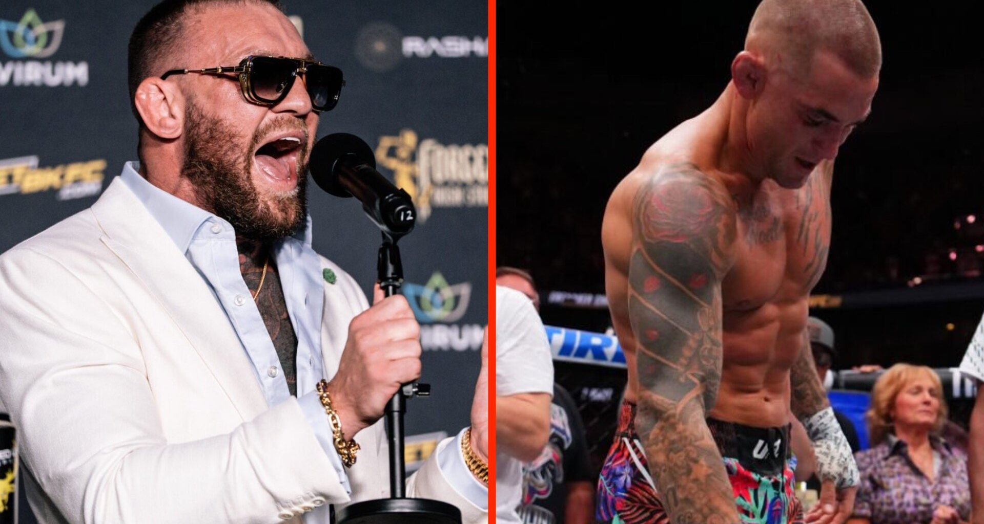 Conor McGregor shouts during a BKFC press conference, Dustin Poirier lays down his gloves at UFC 318.