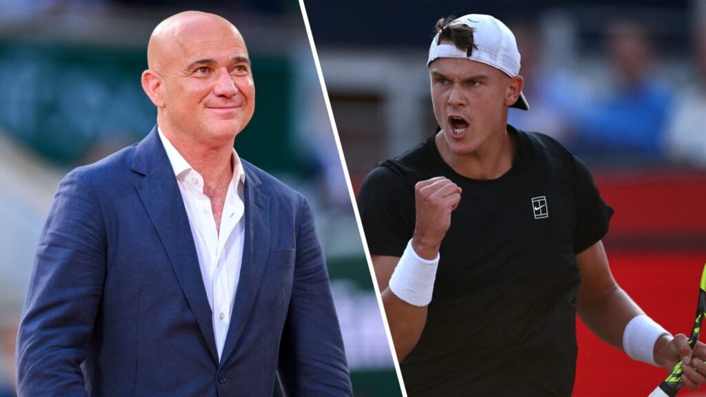 Split image of Andre Agassi looking on after the 2025 French Open final, image of Holger Rune celebrating a point at Queen's in 2025